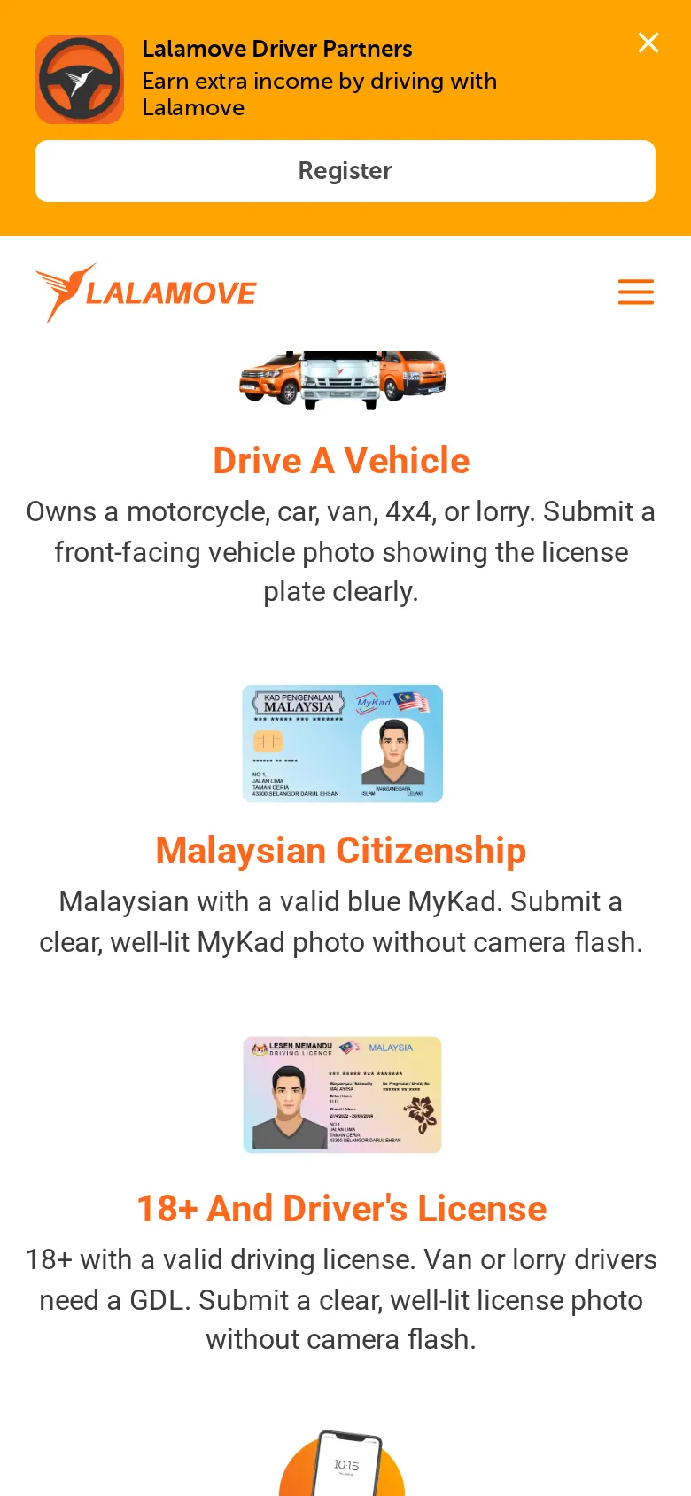 Document requirements: vehicle, MyKad and driving licence photos