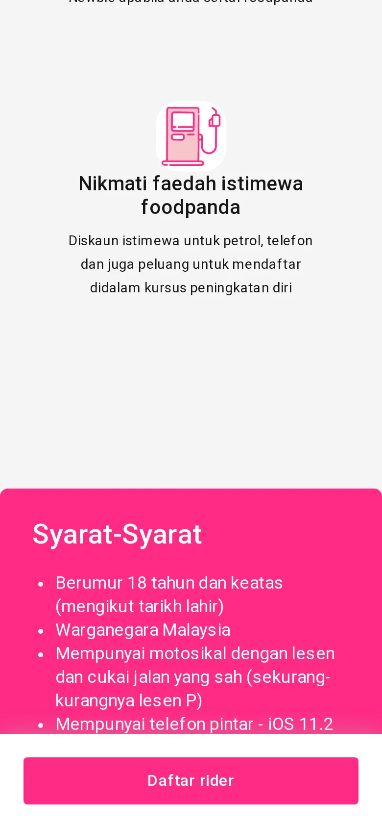 Langkah 1: Pastikan anda layak: 18+, warganegara, motosikal dengan lesen (sekurang-kurangnya P) dan cukai jalan, telefon pintar, akaun bank sendiri.