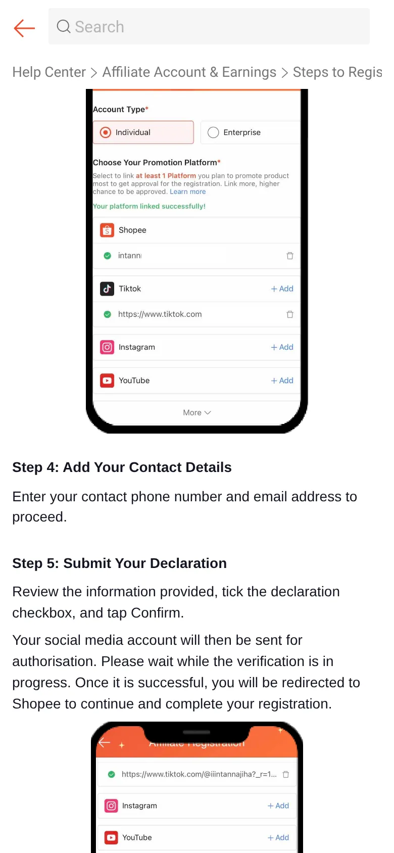 Steps 4-5: add contact details and submit the declaration