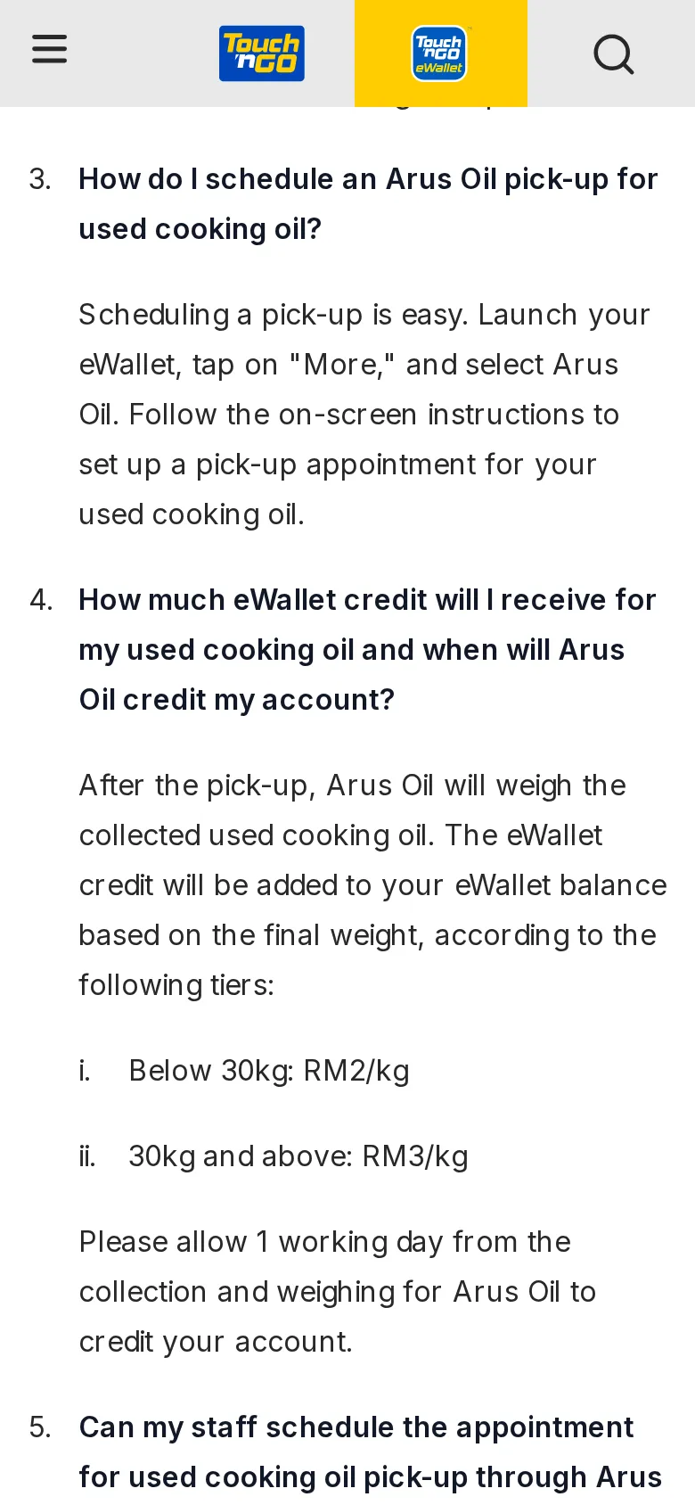Touch 'n Go FAQ: how to schedule an Arus Oil pick-up via More in TNG eWallet