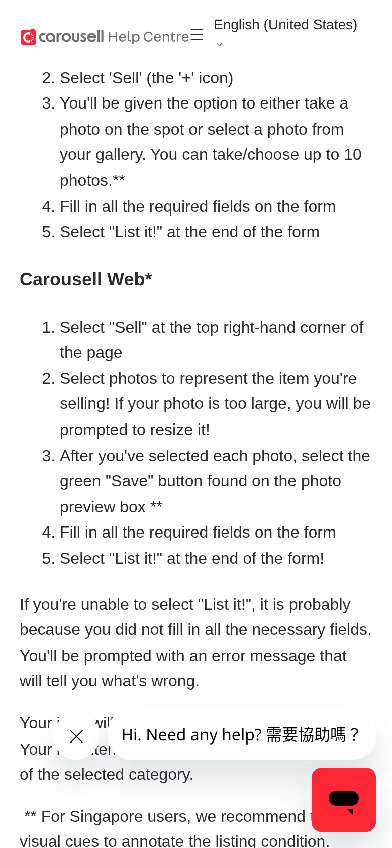 Carousell Help Centre: take or choose up to 10 photos
