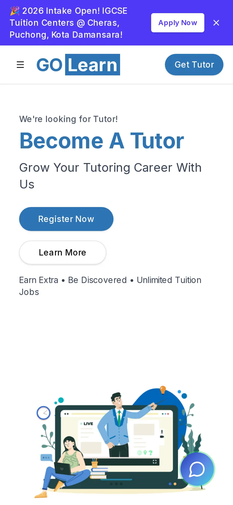 Langkah 1: Daftar sebagai tutor di halaman Join Us GoLearn; tiada yuran langganan untuk ahli standard.