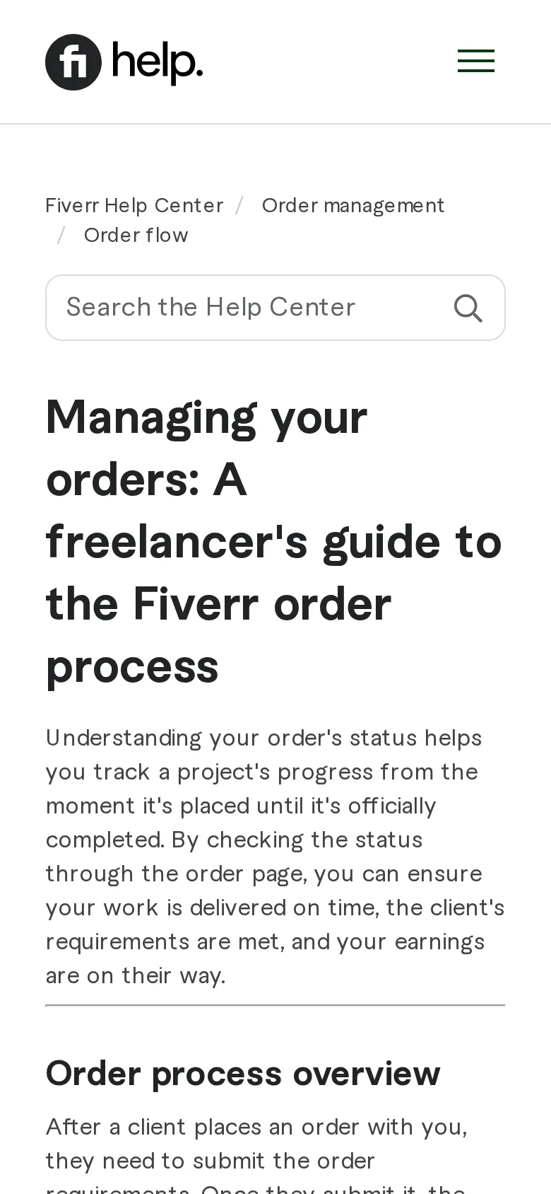 Fiverr help centre: freelancer order process
