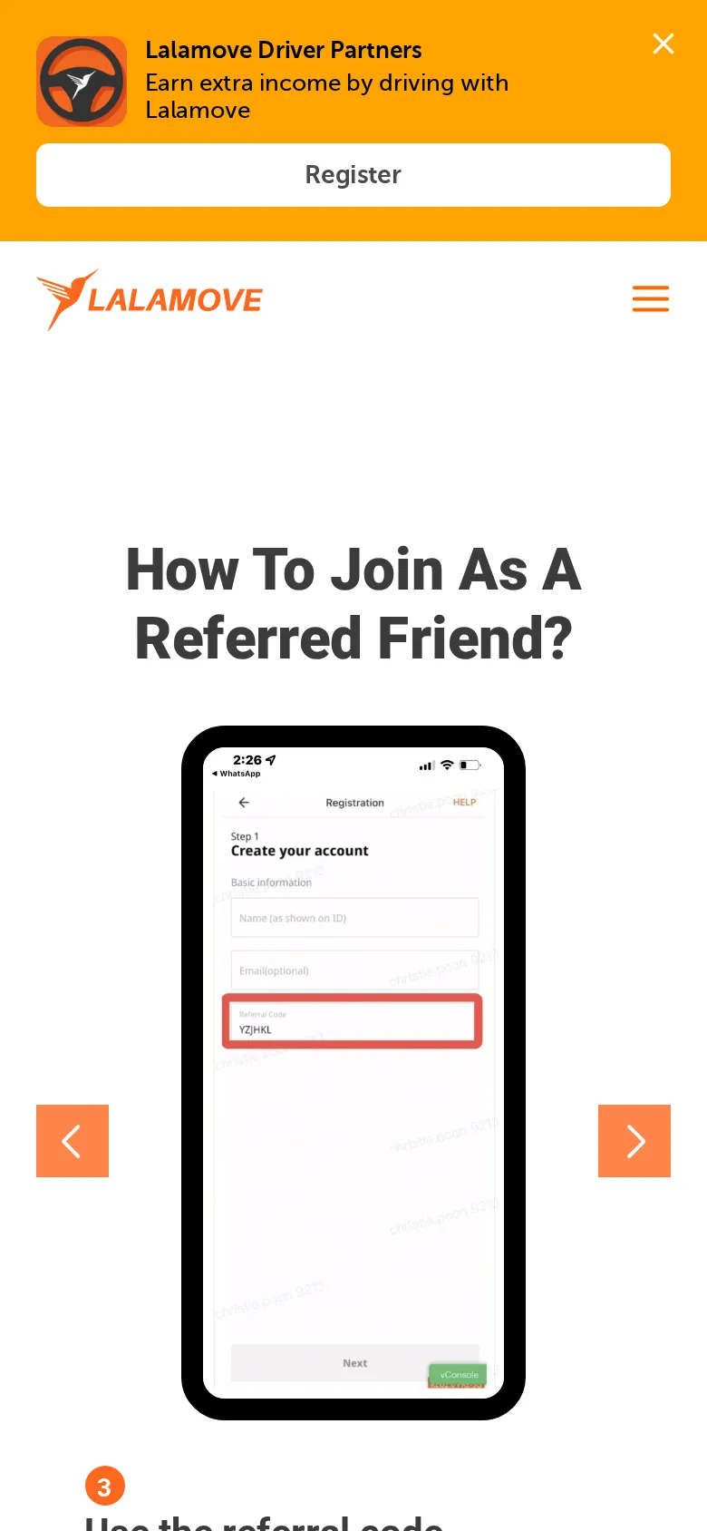 How a referred friend joins with the referral code