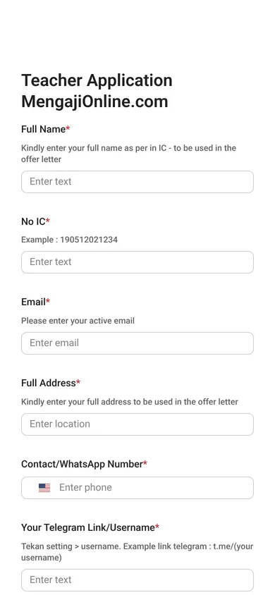 MengajiOnline teacher application form