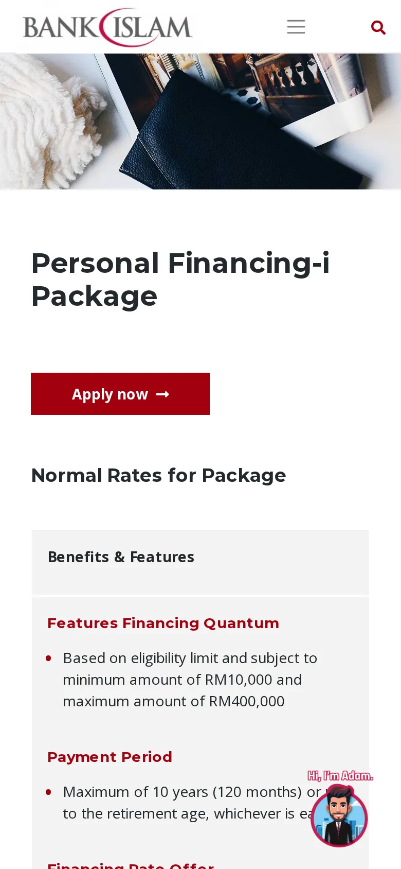 Bank Islam Personal Financing-i Package with the Apply Now button
