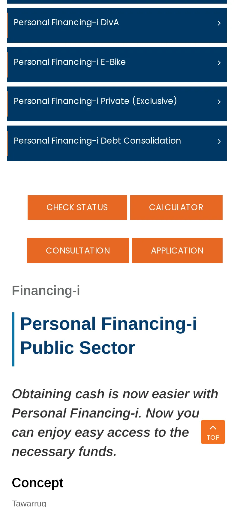 Check status, calculator, consultation and application buttons