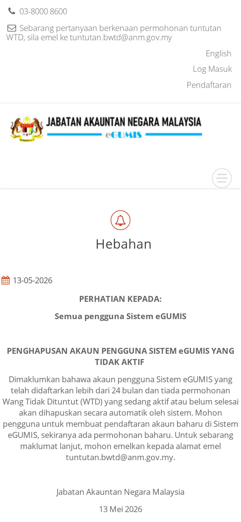 Langkah 1: Daftar akaun pengguna di portal eGUMIS.