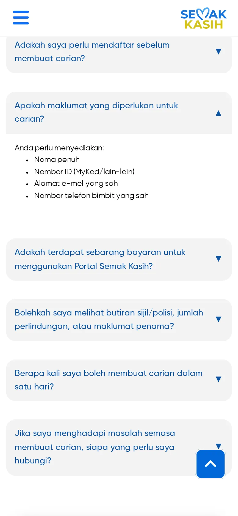 Semak Kasih FAQ: registration details (name, MyKad, email, phone)