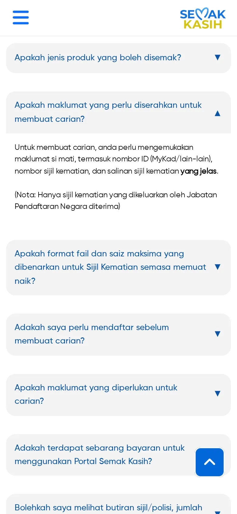 Semak Kasih FAQ: deceased's details and death certificate copy needed to search