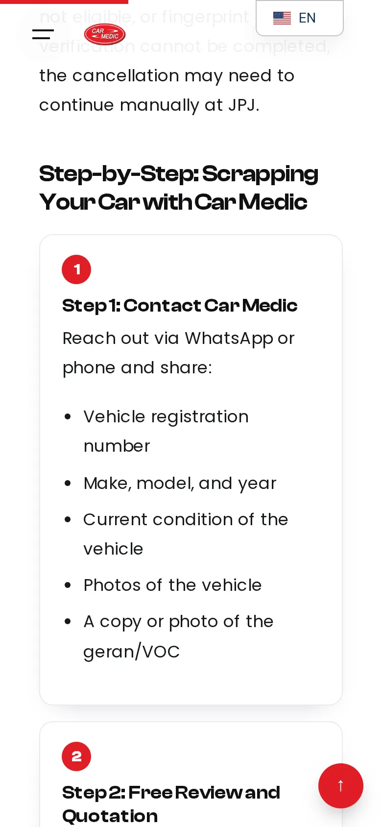 Langkah 1: Hubungi Car Medic melalui WhatsApp/telefon dengan nombor pendaftaran, model, tahun, keadaan, gambar kenderaan dan geran.