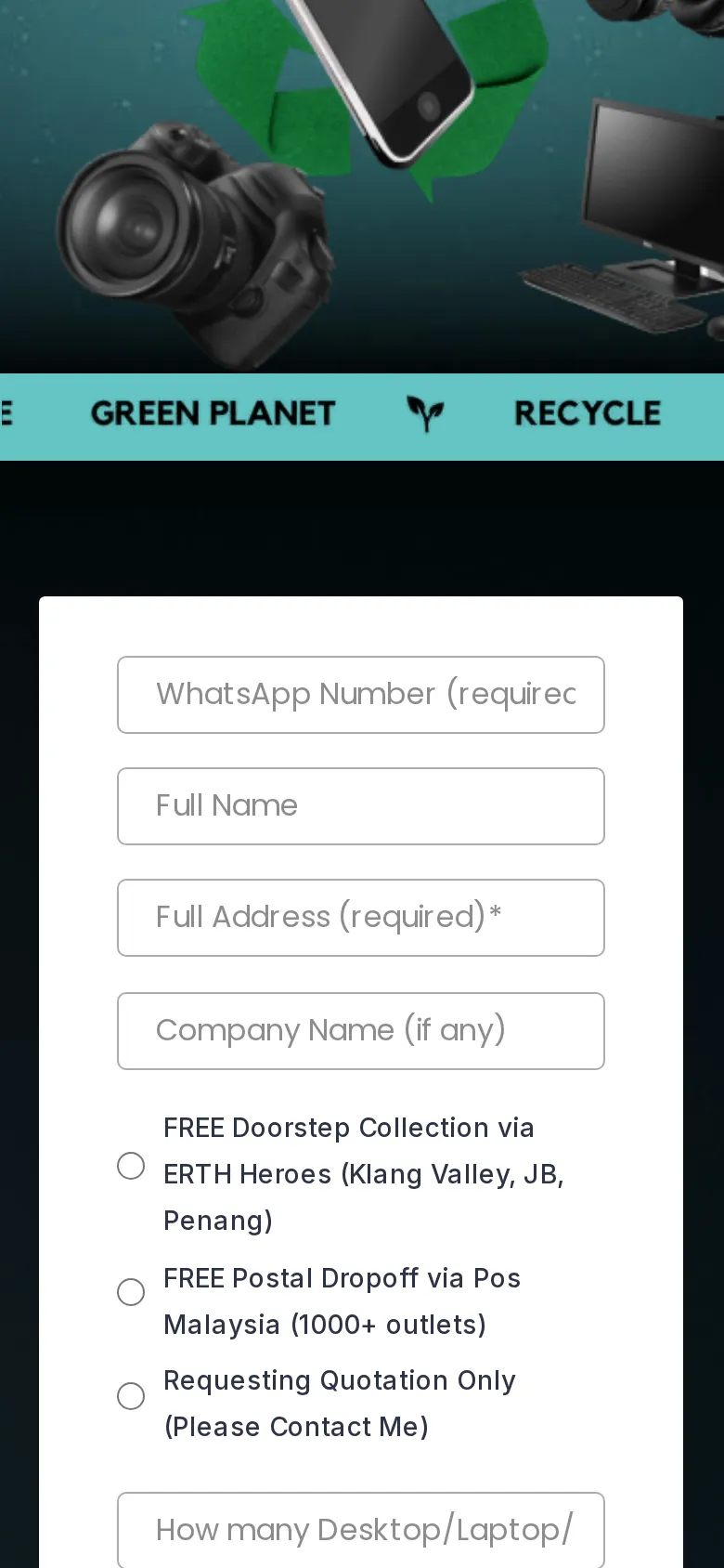 ERTH pick-up booking form (blank, not submitted)