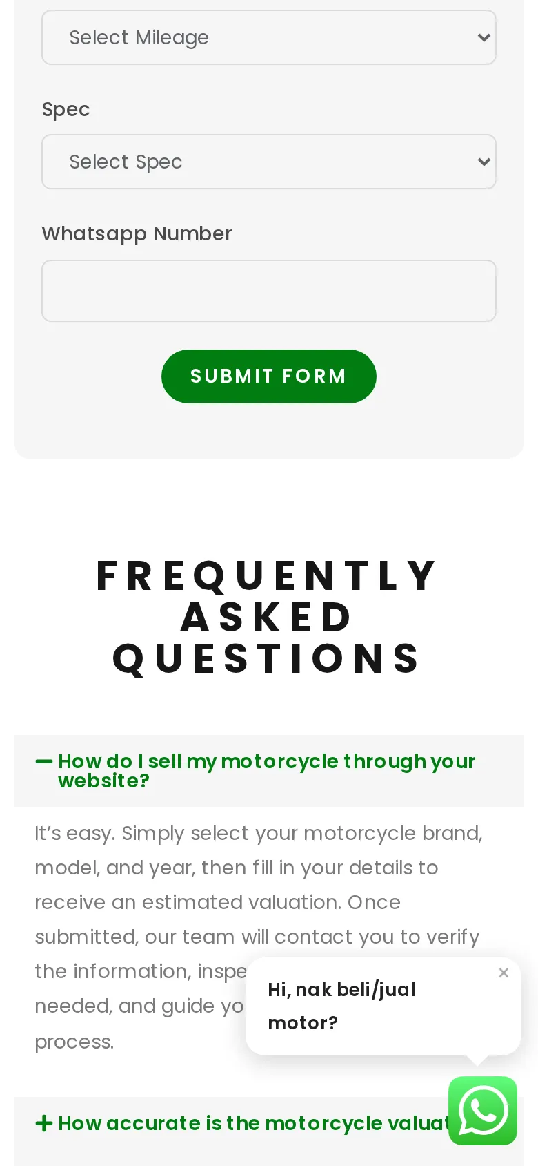 Submit form button and FAQ: the Motorhub team will contact you