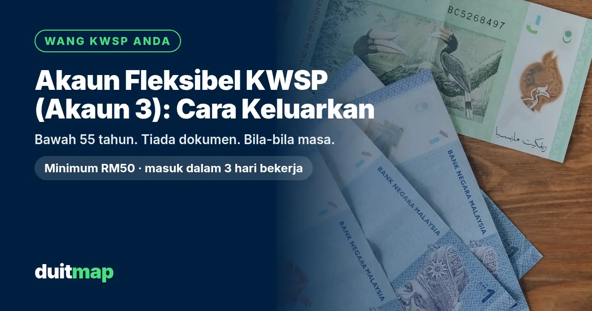 Wang kertas ringgit Malaysia RM1 dan RM10 di atas meja kayu, dengan tajuk Akaun Fleksibel KWSP: cara keluarkan, minimum RM50