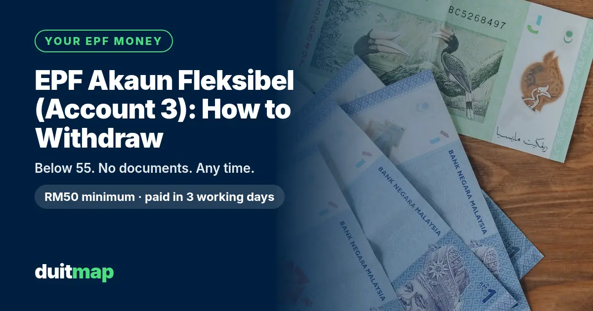 Malaysian ringgit RM1 and RM10 banknotes on a wooden table, with the title EPF Akaun Fleksibel: how to withdraw, RM50 minimum