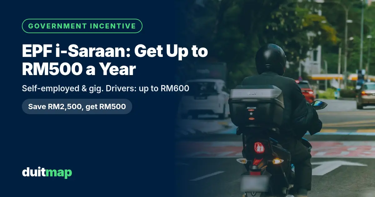 A motorcycle rider with a top box waiting at a traffic light in Kuala Lumpur, with the title EPF i-Saraan: get up to RM500 a year