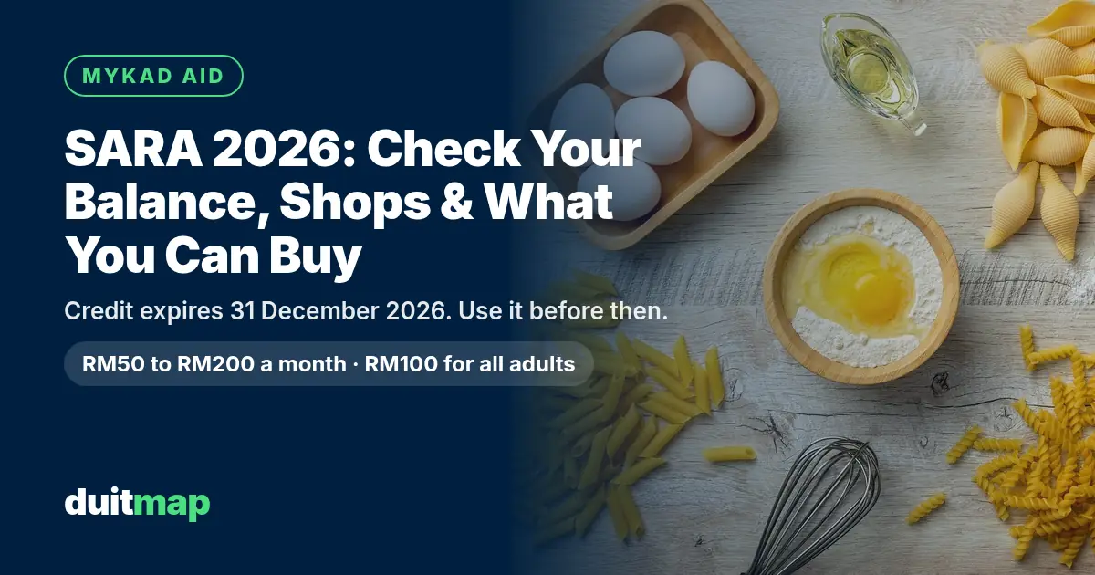 Eggs, flour, cooking oil and pasta on a wooden table, with the title SARA 2026: check your balance, shops and what you can buy