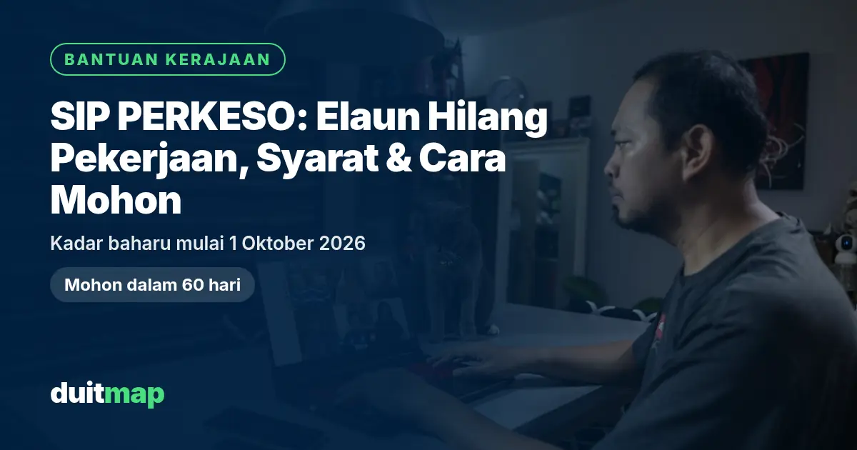 Seorang lelaki di Kuala Lumpur menggunakan komputer riba di rumah, dengan tajuk SIP PERKESO: Elaun Hilang Pekerjaan, Syarat dan Cara Mohon