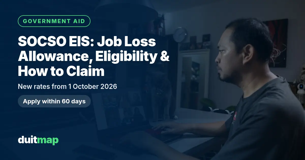 A man in Kuala Lumpur using his laptop at home, with the title SOCSO EIS: Job Loss Allowance, Eligibility and How to Claim